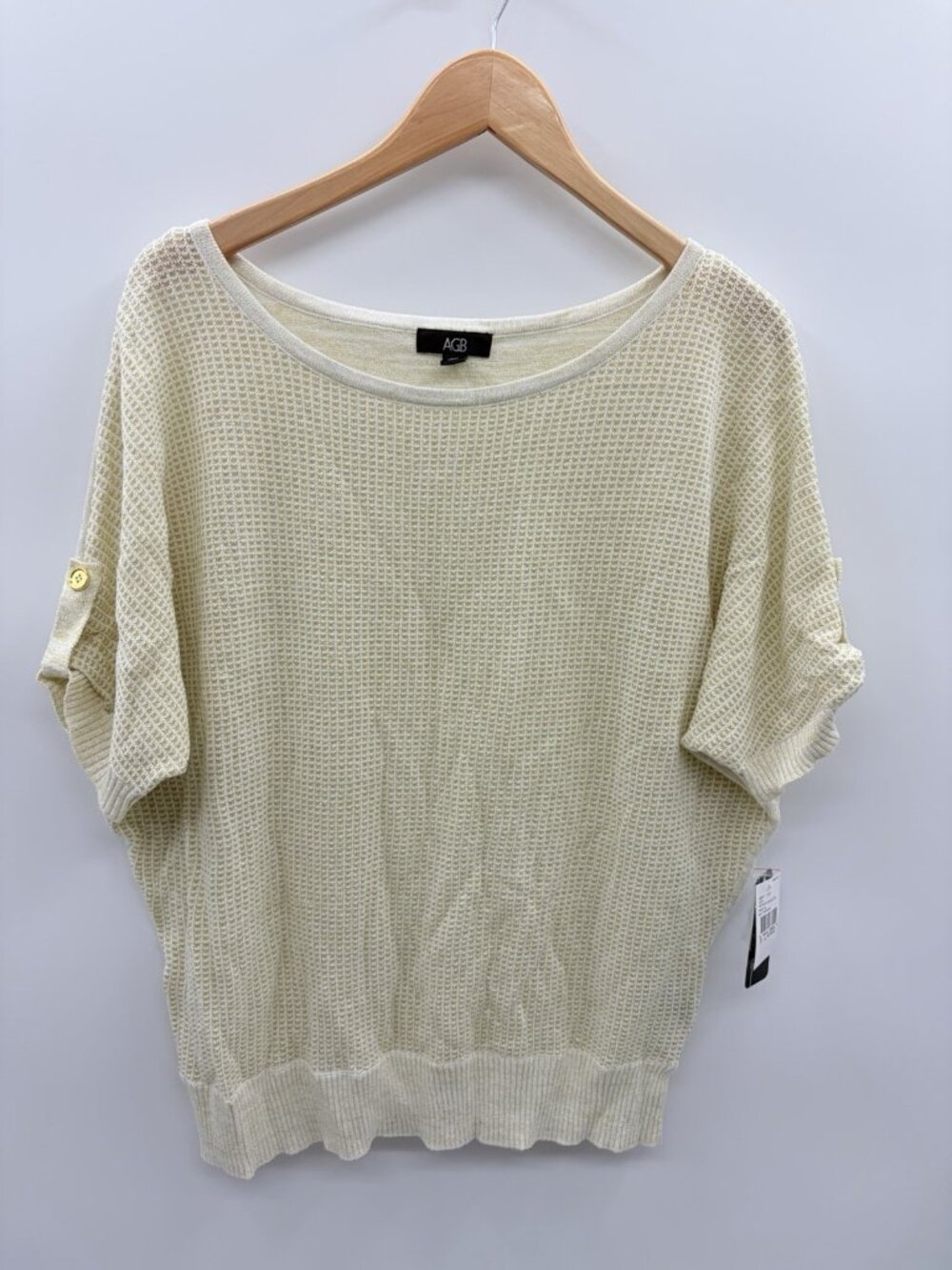 AGB Womens Size XL Short Dolman Sleeve Knit Sweater in Gold Metallic Cream 1796